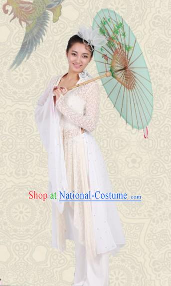 White Classical Chinese Dance Costumes and Headwear for Women