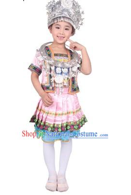 Pink Chinese Miao Ethnic Group Clothes and Hat for Kids