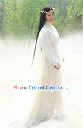 Ancient Chinese Princess White Costumes and Headwear for Women