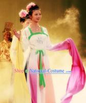 Ancient Chinese Long Water Sleeves Lotus Dance Costumes and Hair Accessories for Women