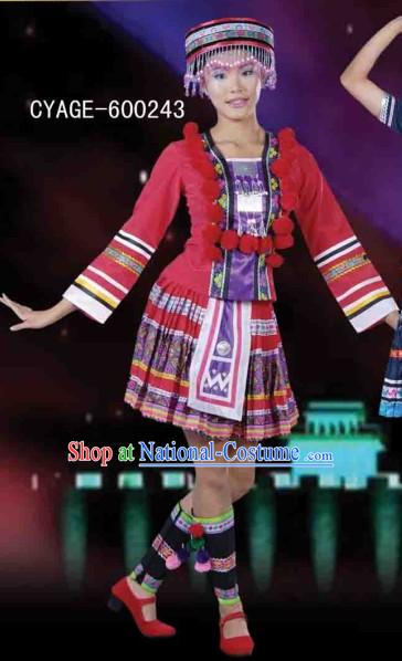 Traditional Chinese Miao Dance Dresses and Hat Complete Set for Men