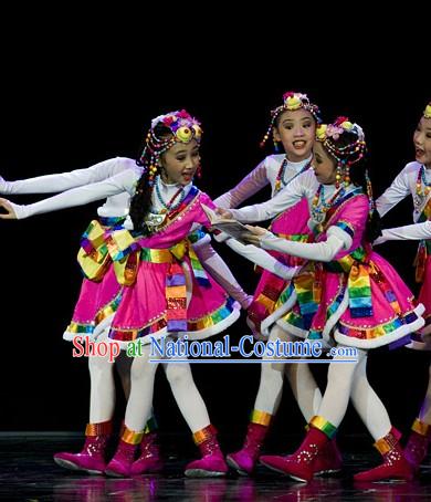 Stage Performance Tibetan Dance Costumes and Headwear Complete Set for Kids