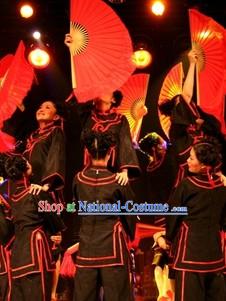 Stage Performance Black Fan Dance Costumes and Headwear Complete Set for Women