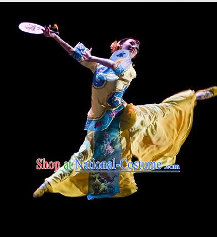 Stage Performance Chinese Classical Fan Dance Costumes and Headwear for Women