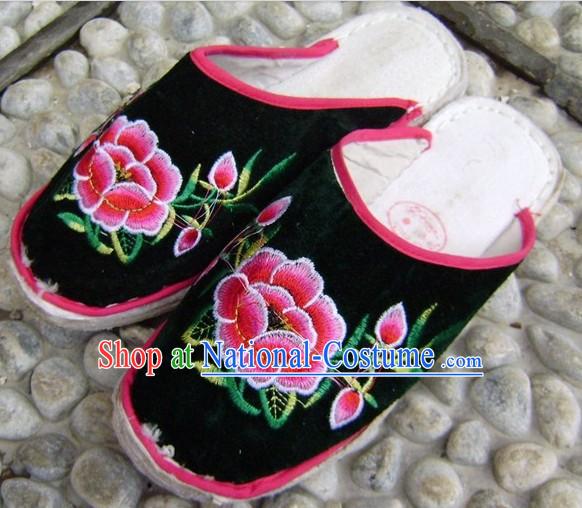 Traditional Chinese Handmade Black Cotton Slippers with Thick Cotton Sole