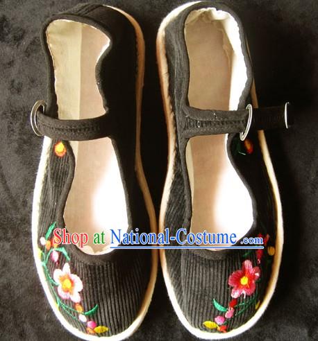 All Handmade Chinese Black Embroidered Flower Shoes for Women