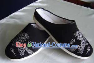 Traditional Chinese Handmade Black Cotton Slippers with Thick Cotton Sole