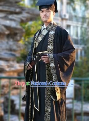 Black Traditional Chinese Outer Robe and Inner Suit and Hat Complete Set for Men