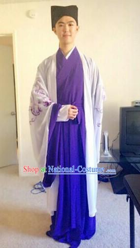 College Student Use Ancient Chinese Scholar Young Men Costumes and Hat Complete Set