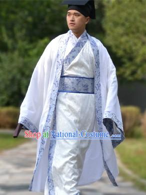 Blue Traditional Ancient Chinese Hanfu Clothing and Hat Complete Set for Men