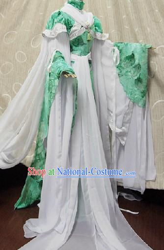 Ancient Chinese Green and White Fairy Costumes Complete Set for Women