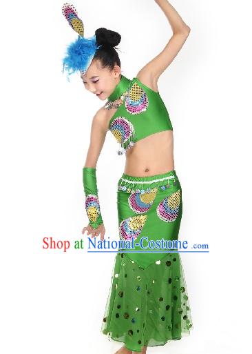 Stage Performance Peacock Dance Costumes for Little Girls