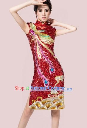 Short Custom-made Traditional Chinese Red Wedding Phoenix Cheongsam