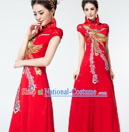 Red Long Chinese Wedding Cheongsam with Phoenix Embroidery