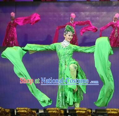 Traditional Chinese Adult Long Sleeve Dance Dress and Headwear Complete Set