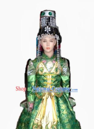 Traditional Chinese Mongolian Wedding Dress and Hat Complete Set