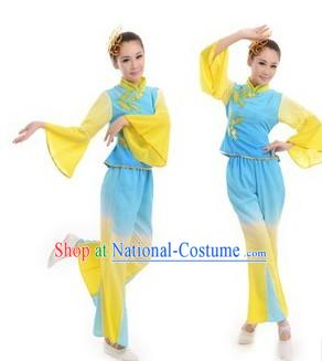 Traditional Chinese Stage Performance Fan Dance Costumes Complete Set