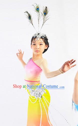 China Tai Ethnic Group Dance Costumes and Headwear Complete Set for Children