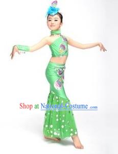 Chinese Dai Ethnic Group Dance Costumes and Headwear Complete Set for Children