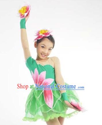 Chinese Lotus Dance Costumes and Headwear Complete Set for Kids