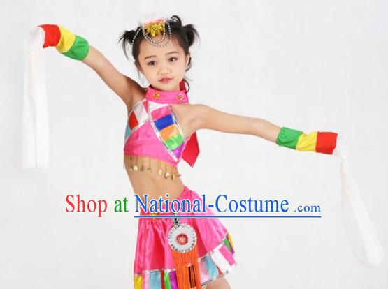 Chinese Tibetan Festival Celebration Dance Costumes and Headdress Complete Set for Kids