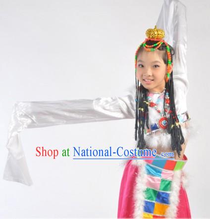 Chinese Tibetan Festival Celebration Dance Costumes and Headdress Complete Set for Kids