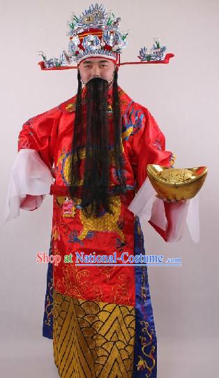 Chinese Lunar New Year Cai Shen Ye Costume Hat Beards Boots