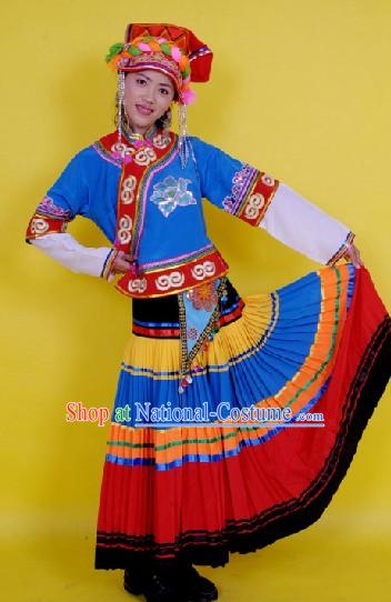 Traditional Chinese Yi Ethnic Dance Costume and Hat Complete Set for Women