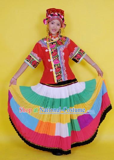 Traditional Chinese Yi People Dance Costume and Hat Complete Set for Women