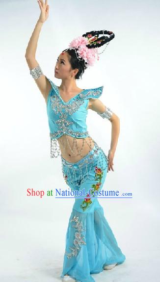 Blue Dunhuang Fei Tian Classic Dance Suit and Headdress Complete Set for Women