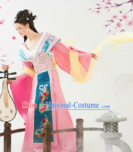 Ancient Chinese Pink Phoenix Clothing and Headwear Complete Set