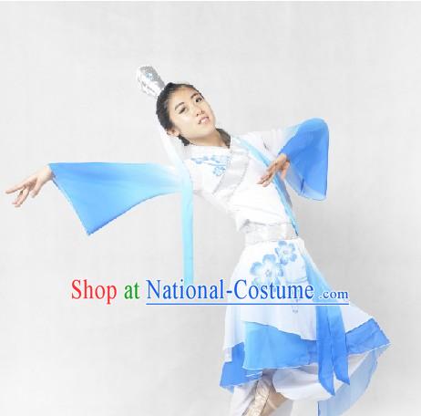 Blue and White Chinese Classical Dance Costumes and Headdress for Women