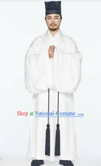 Ancient China Song Dynasty Male White Chinese Hanfu Clothing Complete Set for Men