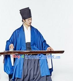 Ancient China Song Dynasty Male Blue Chinese Hanfu Clothing Complete Set for Men