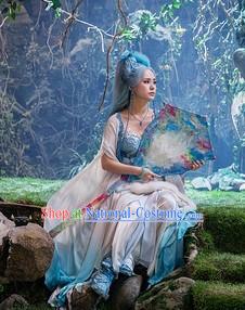 Ancient Chinese White Fairy Costumes and Long Wig Complete Set