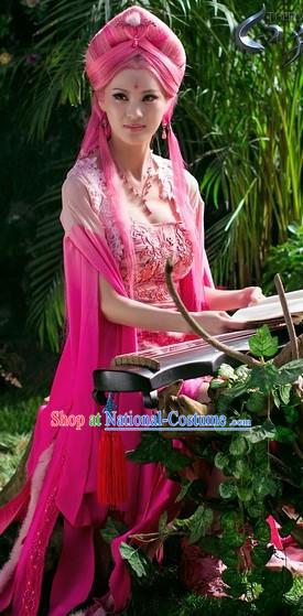 Ancient Chinese Pink Fairy Costumes and Long Wig Complete Set