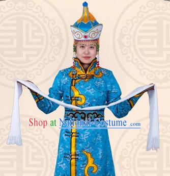 Traditional Chinese Blue Mongolian Clothing and Hat for Women