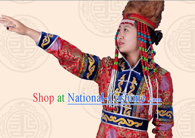 Traditional Chinese Ethnic Mongolian Long Robe and Hat for Women