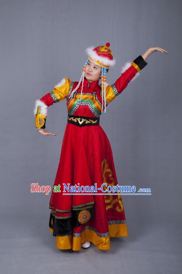 Traditional Chinese Ethnic Mongolian Wedding Dress and Hat Complete Set for Women