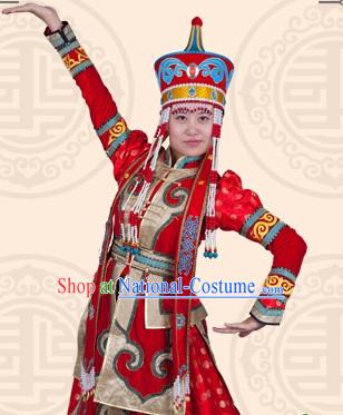 Traditional Chinese Mongolian Ordos Dresses and Hat Complete Set for Women