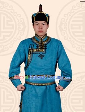 Traditional Chinese Mongolian Blue Robe and Hat Complete Set for Men