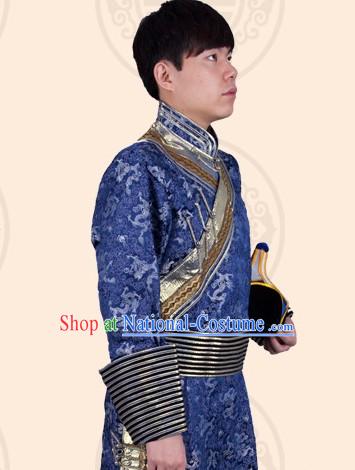 Traditional Chinese Mongolian Blue Robe and Hat Complete Set for Men