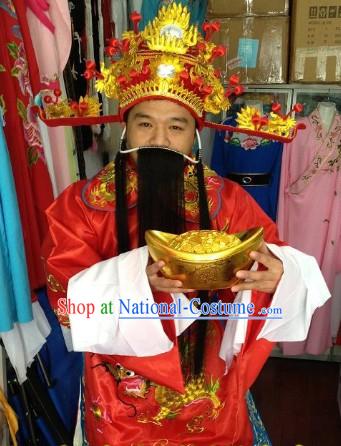 Traditional Chinese Male Cai Shen Ye Costumes and Helmet Complete Set