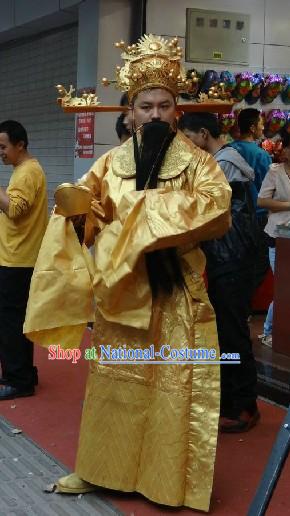 Traditional Chinese Golden Cai Shen Ye Costumes and Hat Complete Set