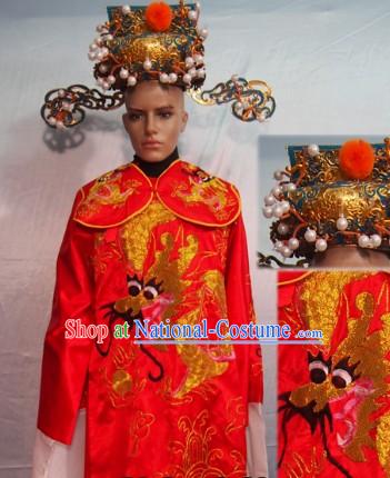 Traditional Chinese Red Cai Shen Ye Outfit and Hat Complete Set