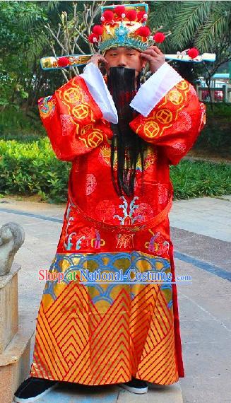 Traditional Chinese Red Cai Shen Ye Clothing and Hat Complete Set