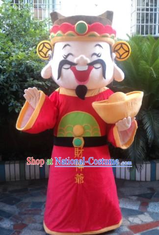 Traditional Chinese Red Cai Shen Ye Outfit and Hat Complete Set