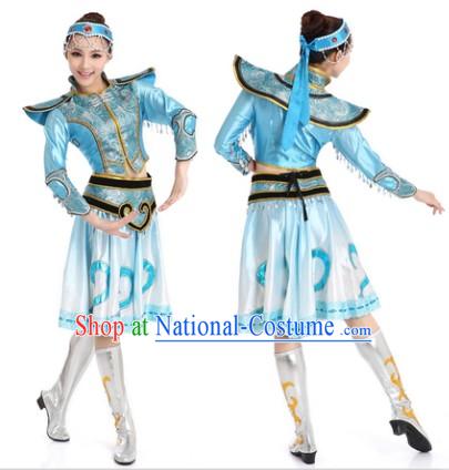 Blue Chinese Mongolian Dance Uniform for Women