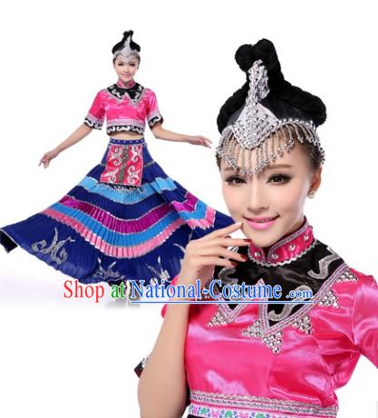 Chinese Yi Nationality Clothing and Headwear Complete Set for Women