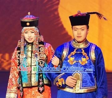 Traditional Mongolian Husband and Wife Clothes and Hats Two Complete Sets